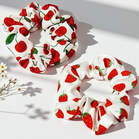 Elastic Hair Scrunchies Fabric Fruit Strawberry Cherry Print Soft Ponytail Holder Sweet For Women Girls