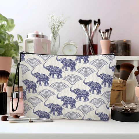 Borsa Per Trucco Con Stampa Elefante Texture Lino Pochette Cosmetica Con Cerniera E Cinturino Da Polso Organizzatore Da Viaggio