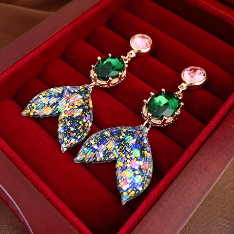 Pendientes De Gota De Cola De Sirena Aleación Diamantes De Imitación Con Poste De Plata Rosa Verde Cristal Joyería