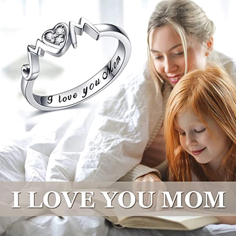 Copper Zirconia MOM Heart Ring For Women Silver Plated I Love You Mom Engraved Finger Ring Mother Day Jewelry Gift