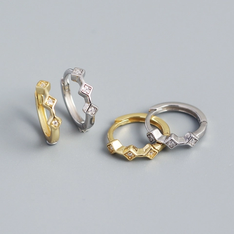 Orecchini A Cerchio Geometrici Con Rombi Argento Sterling 925 Micro Pavé Strass Vintage Minimalista Per Donne