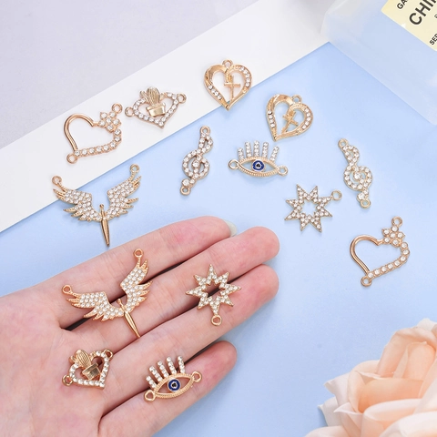 DIY Jewelry Making Alloy Zirconia Pendants Gold Plated Heart Star Angel Wings Music Note Evil Eye Charms For Bracelet Necklace