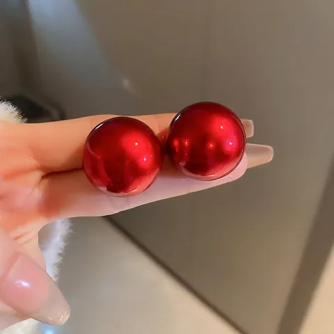 Red Round Imitation Shell Artificial Pearl Stud Earrings With 925 Sterling Silver Earring Post Alloy Glossy Oversized For Women