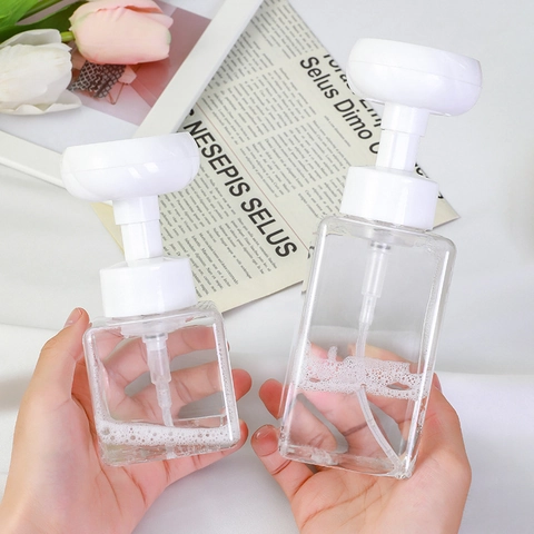 Flower Foaming Soap Dispenser Bottle PETG Plastic Square Transparent Empty Refillable Pump For Hand Wash Face Cleanser