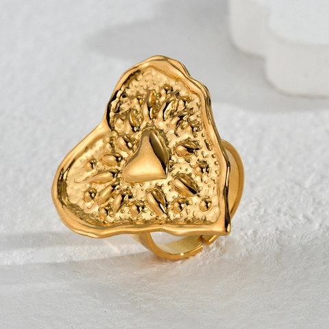 Herz Ring 18K Vergoldet Edelstahl Unregelmäßige Hammerschlag Textur Verstellbar Statement Ring Damen Vintage