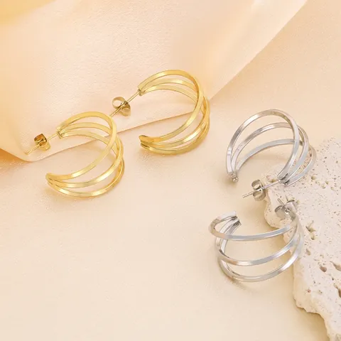 Pendientes De Aro En C De Triple Capa De Acero Inoxidable Minimalista Geométrico Para Mujer Joyería Retro Elegante