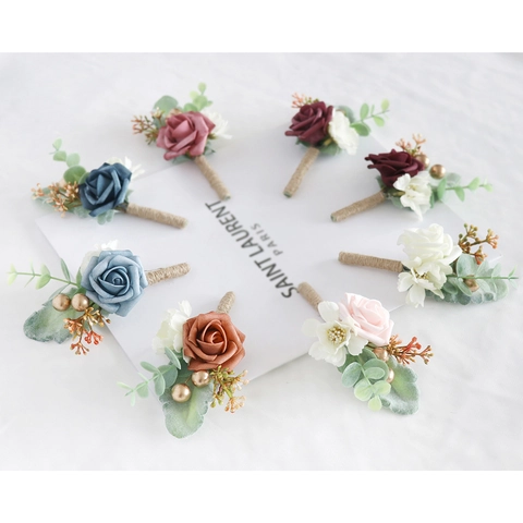 Artificial Rose Boutonniere Wrist Corsage PE Foam Eucalyptus Leaf Hemp Rope Wedding Party Groom Bride Morandi Vintage