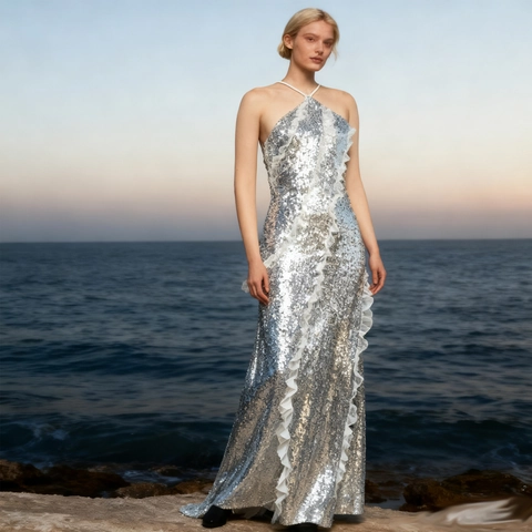 Robe De Soirée À Paillettes Argentées Pour Femmes Dos Nu Bordure À Volants Coupe Ajustée Longue Sexy Fête Défilé Robe De Bal