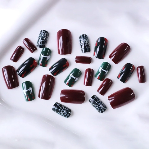 Halloween Press On Nails Medium Long Square ABS Plastic Glossy Spider Web Vampire Teeth Blood Drip Horror Style Women