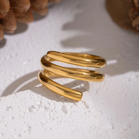 Triple Row Spiral Ring Stainless Steel Gold Plated Adjustable Geometric Minimalist Open Band Jewelry For Women