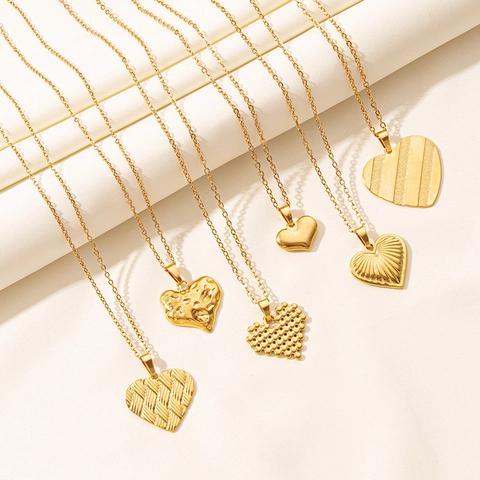 Minimalistische Edelstahl Herz Anhänger Halskette Für Damen 18K Vergoldet Metall Struktur Lava Webmuster Anhänger Halskette Schmuck