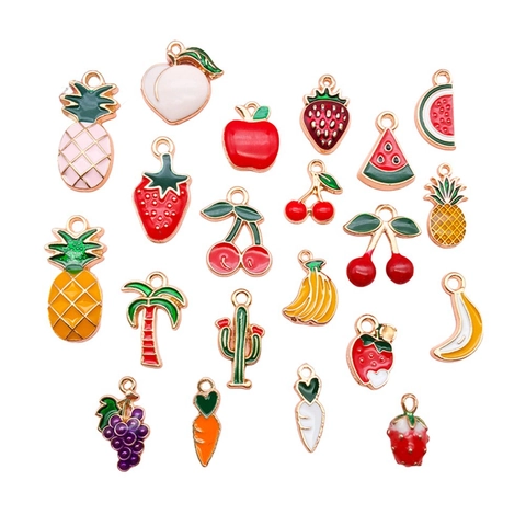 Dijes De Frutas Verduras Plantas Aleación Esmalte Goteo Aceite DIY Accesorios Para Hacer Joyas Fresa Piña Cereza Lindo