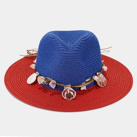 Women Straw Sun Hat Color Contrast Shell Decoration Beach Vacation Wide Brim Panama Style Breathable