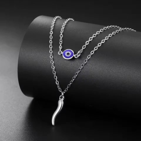 Evil Eye Italian Horn Pendant Layered Necklace Stainless Steel Cornicello Amulet Protection Fashion Jewelry For Women