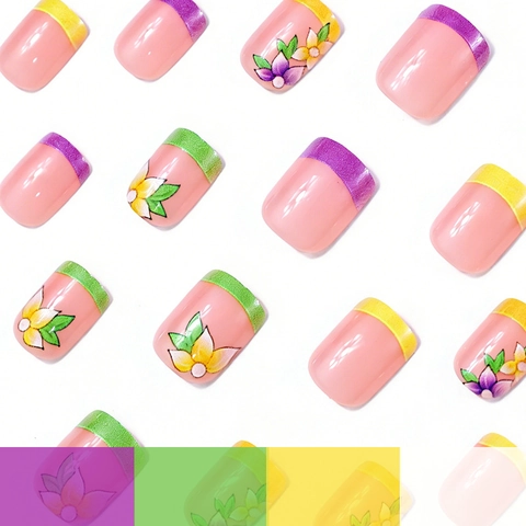French Tip Floral Press On Nails Short Square Glossy Sweet Summer Style ABS Plastic Manicure Accessory For Women