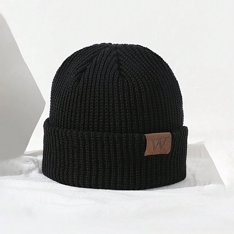Kids Knitted Beanie Hat Warm Winter Ribbed Skull Cap With Leather Letter Patch For Boys Girls Outdoor