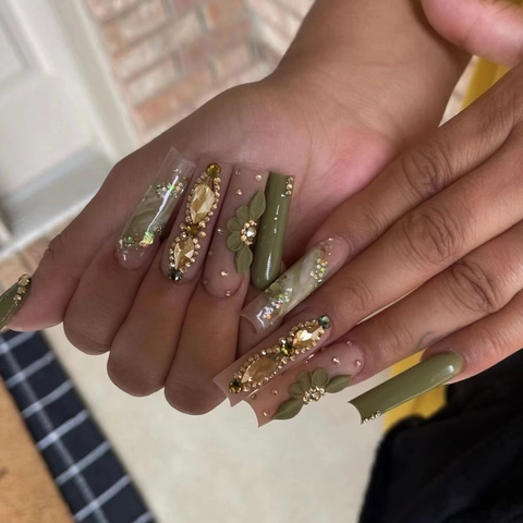Press On Nails Long Coffin Green Flower Design Rhinestone Glitter Removable Artificial Fake Nails For Women