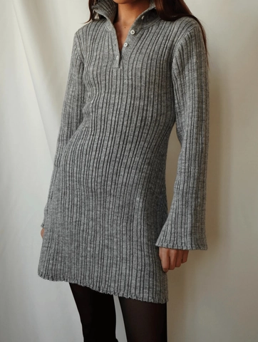 Vestito Mini In Maglia A Maniche Lunghe Cotone A Costine Slim Fit Collo Polo Bottoni Casual Sexy Donna