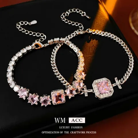 Square Pink Zircon Copper Bracelet Silver Toned Luxury Fashion Rhombus Geometric Crystal Jewelry For Women Adjustable Chain