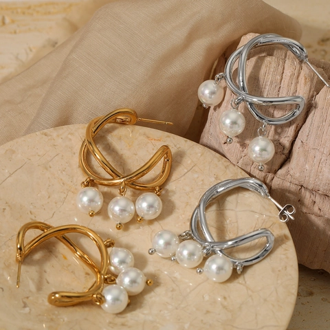 Stainless Steel Earrings Irregular Cross Twist Design With White Artificial Pearls Elegant Fashionable Jewelry For Women