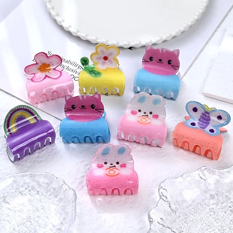 Small Cute Cartoon Hair Claw Clips Acrylic Glitter Flower Cat Rabbit Rainbow Hair Accessories For Women Girls