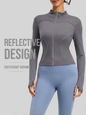 Women Reflective Yoga Jacket Polyester Elastane Slim Fit Stand Collar Full Zip Sports Outerwear For Running Fitness
