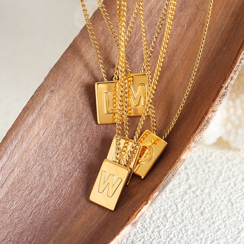 Minimalist Stainless Steel Square Alphabet Pendant Necklace Gold Plated Rectangle Plate Choker Fashion Jewelry For Women