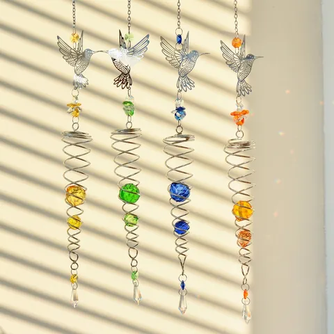 Hummingbird Crystal Suncatcher Metal Spiral Prism Pendant Hanging Window Garden Decoration Rainbow Home Decor Accent