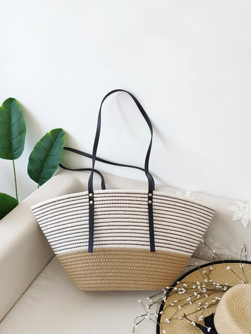 Borsa Tote Intrecciata Corda Di Cotone Patchwork A Righe Borsa A Spalla Da Spiaggia Con Spalline In Pelle PU Casual Vacanze Per Donne