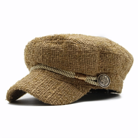 Damen Tweed Schirmmütze Retro Britischer Stil Baker Boy Hut Mit Seilverzierung Und Goldknopf Accessoires