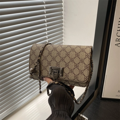 Borsa a Spalla da Donna in Pelle PU Retrò Vintage con Stampa Floreale Geometrica Leopardata Borsa a Tracolla Quadrata Catena
