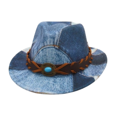 Kids Fedora Hat Patchwork Denim Texture Braided Faux Leather Strap Turquoise Ornament Retro Western Cowboy Style Boys Girls