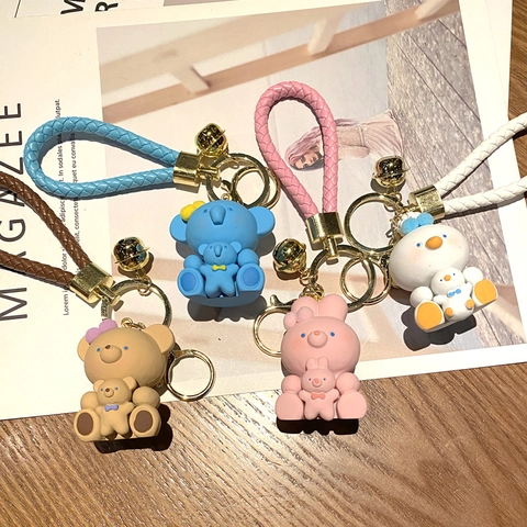 Cartoon Resin Animal Keychain Cute Bear Rabbit Duck Figurine With PU Woven Strap Bell Car Bag Pendant Jewelry Gift