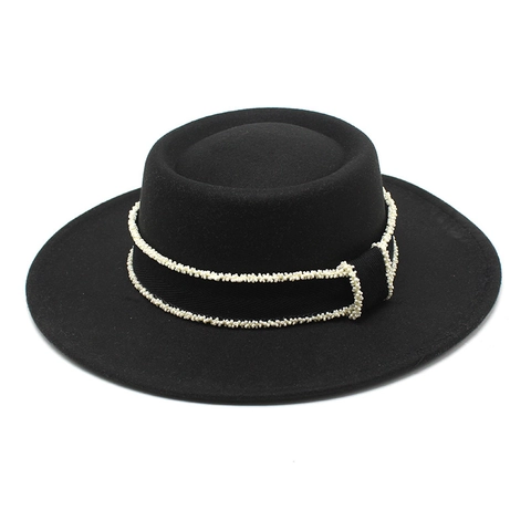 Flat Top Wide Brim Boater Hat For Women Elegant Retro Felt Fedora With Artificial Pearl Beaded Ribbon Trim