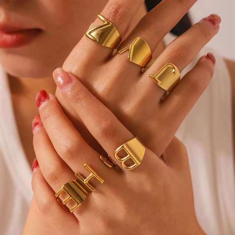 Letter Initial Ring Titanium Steel 18K Gold Plated Open Adjustable Geometric Minimalist Fashion Jewelry For Women
