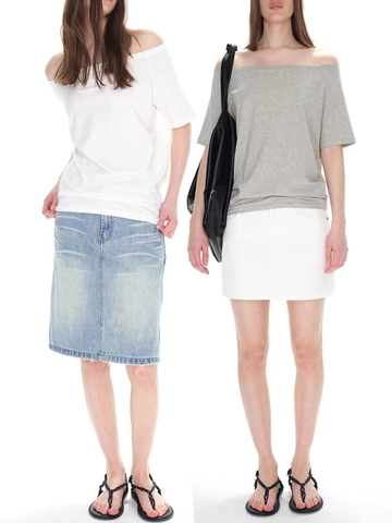 Women Off Shoulder T-Shirt Cotton Spandex Blend Loose Fit Short Sleeve Boat Neck Solid Color Minimalist Casual Chic Top