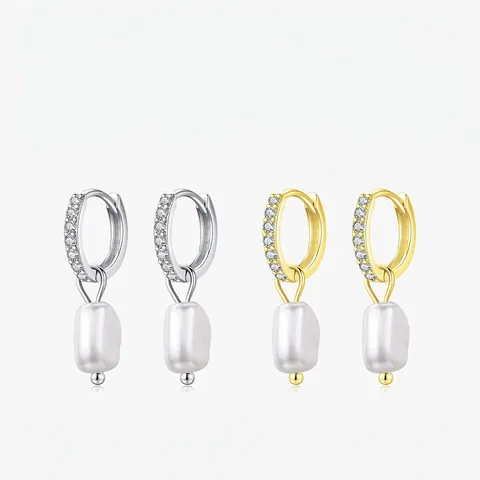 925 Sterling Silver Artificial Baroque Pearl Hoop Earrings With Sparkling Cubic Zirconia For Women Elegant Vintage Jewelry Gift