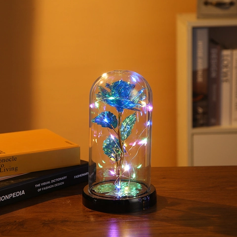 Rosa Eterna In Foglia D Oro In Cupola Di Vetro Luce LED Colorata Ornamento Di Fiori Artificiali Regalo Romantico San Valentino
