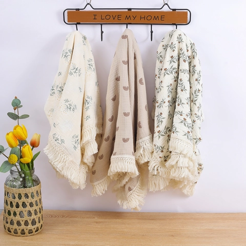Baby Blanket Muslin Cotton Double Layer Swaddle With Tassel Fringe Breathable Soft For Nursery Infant Toddler