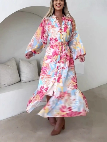 Floral Print Polyester Maxi Dress Long Lantern Sleeve Button Up Belted Bohemian Vacation Elegant Women