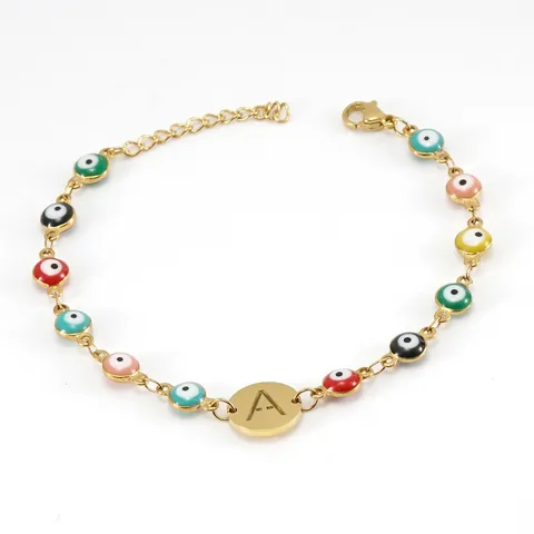 Pulsera Evil Eye Acero Inoxidable Chapado En Oro 18K Esmalte Colorido Letra Inicial Dije Redondo Joyería Mujer