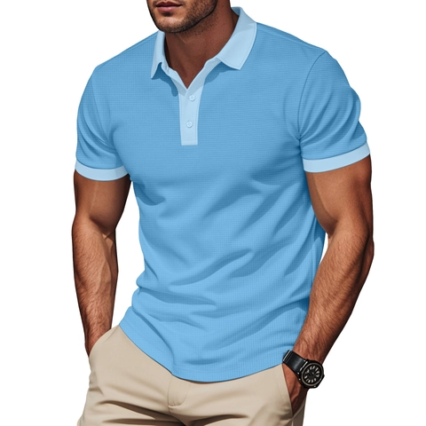 Maglietta Polo Casual a Manica Corta da Uomo Tinta Unita Tessuto Waffled Risvolto Vestibilità Slim Estate Affari Top Sportivi