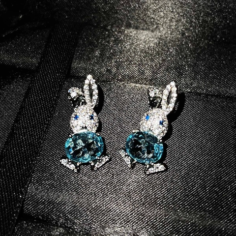 Cute Rabbit Jewelry Ring Earrings And Necklace Copper Micro Pave Zircon Blue Synthetic Topaz Animal Theme Adjustable Gift