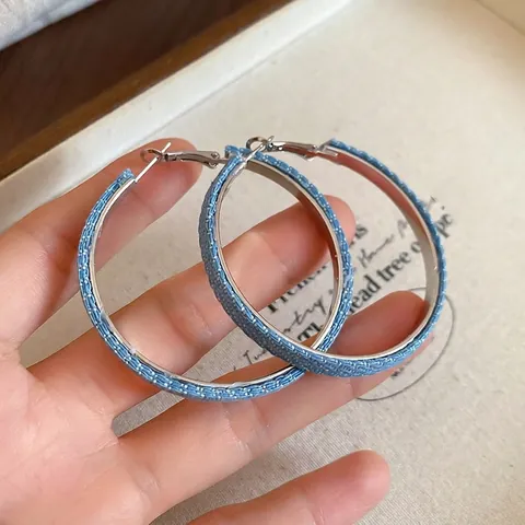 Denim Fabric Geometric Round Hoop Earrings With 925 Sterling Silver Earring Post Korean Fashion Niche Minimalist Design