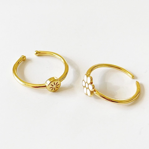 925 Sterling Silver Ring Minimalist French Style 18K Gold Plated Enamel Daisy Flower And Starburst Adjustable Open Ring Women