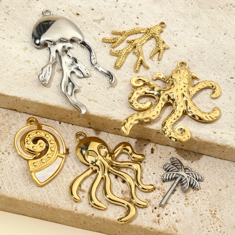 French Vintage Ocean Animal Charms Pendants Stainless Steel Gold Plated Octopus Jellyfish Coconut Tree DIY Jewelry Making For Necklace Women