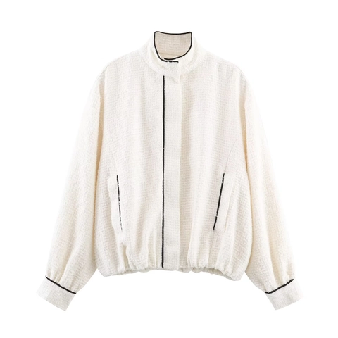 Dames Tweed Bomberjack Met Contrast bies Lange Mouwen Opstaande Kraag Casual Elegante Bovenkleding Rits