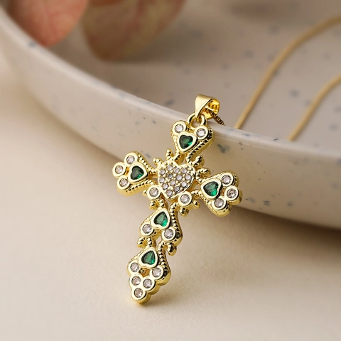Cross Pendant Necklace Gold Plated Copper Colorful Zircon Heart Inlay Hip Hop Fashion Jewelry For Women