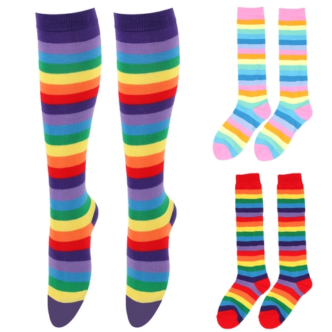 Rainbow Striped Over Knee Socks Polyester Spandex High Tube Stockings For Women Cosplay Party Casual Breathable Leg Warmer