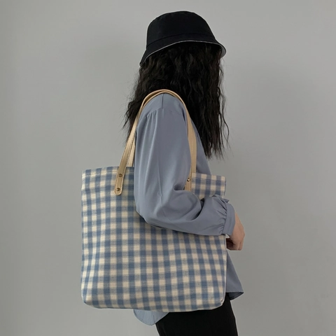 Women Plaid Canvas Tote Bag Large Capacity Japanese Style Shoulder Bag With Faux Leather Handles And Zipper